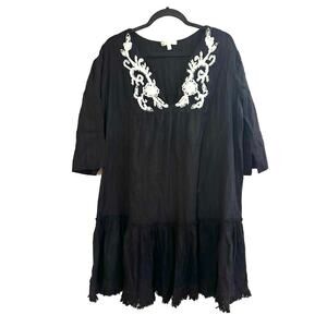 RISE & BLOOM Boho Floral Embroidered Crochet Fringe Dress Black - Sz Large
